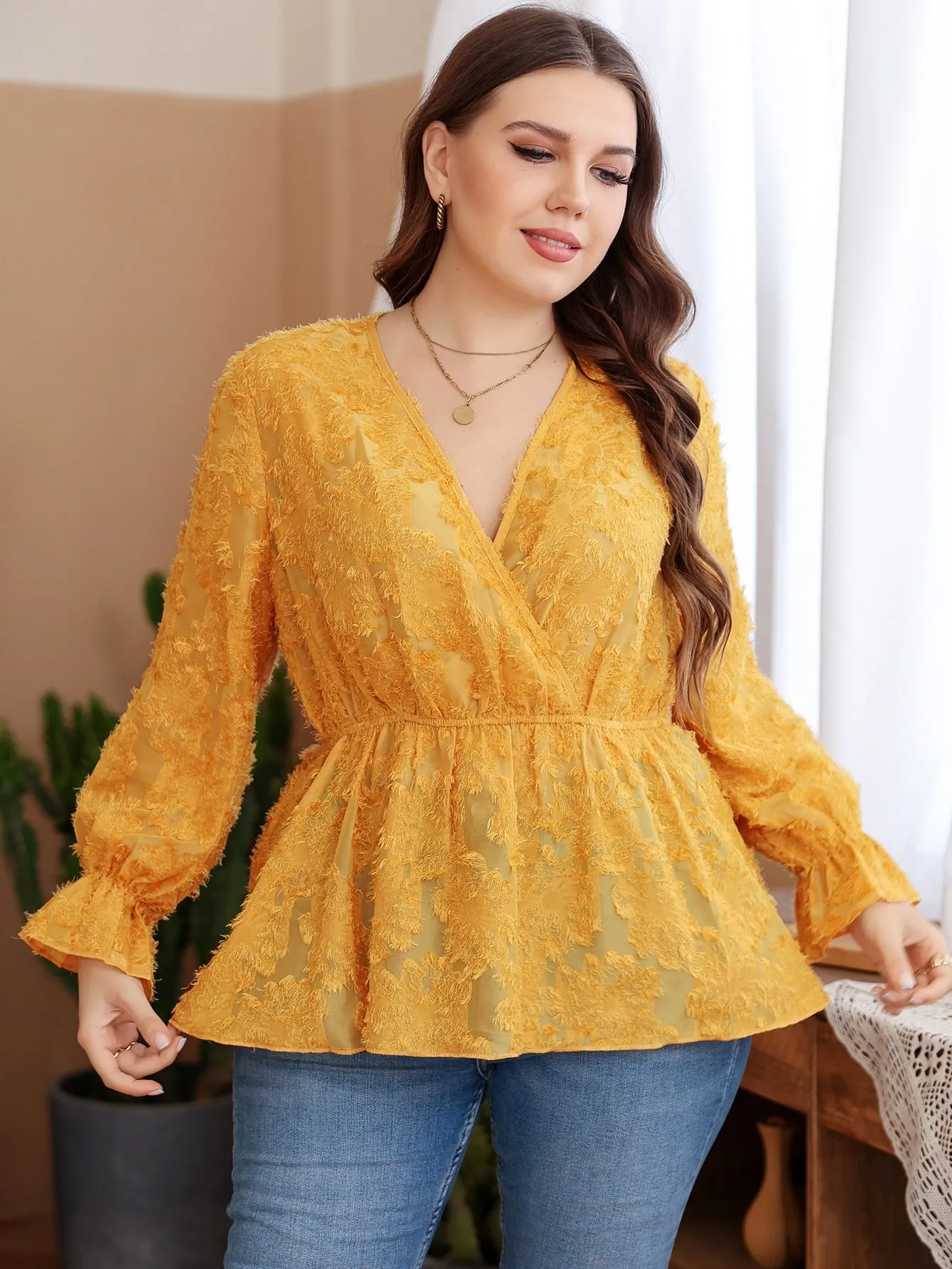 Plain Wrap Long Sleeve V Neck Flared Regular Plus Blouse