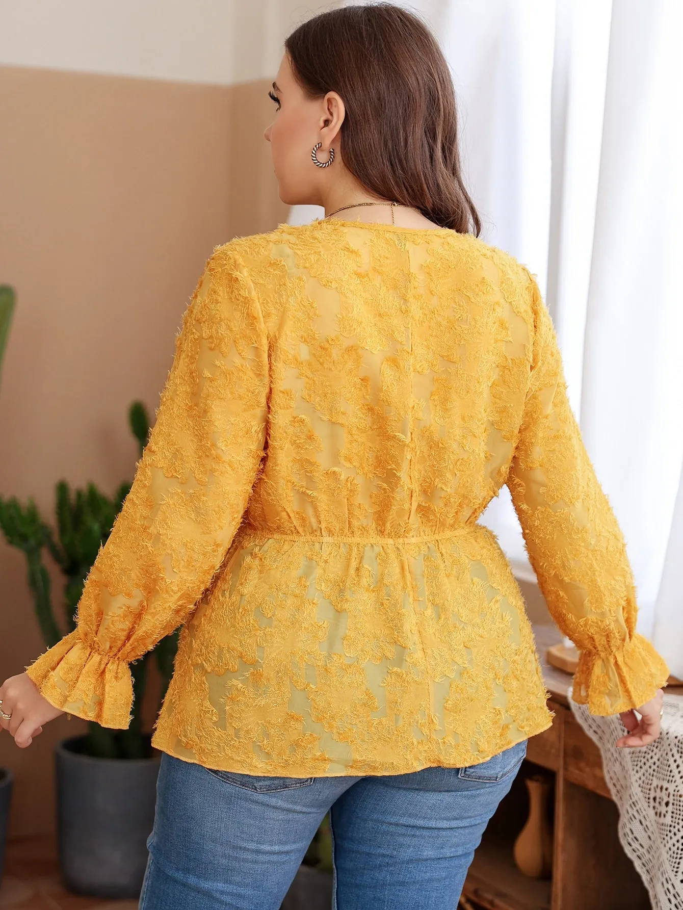 Plain Wrap Long Sleeve V Neck Flared Regular Plus Blouse