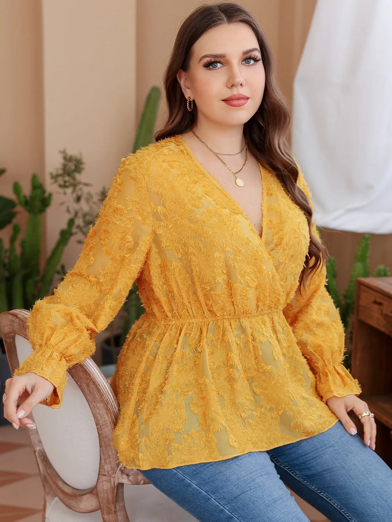 Plain Wrap Long Sleeve V Neck Flared Regular Plus Blouse