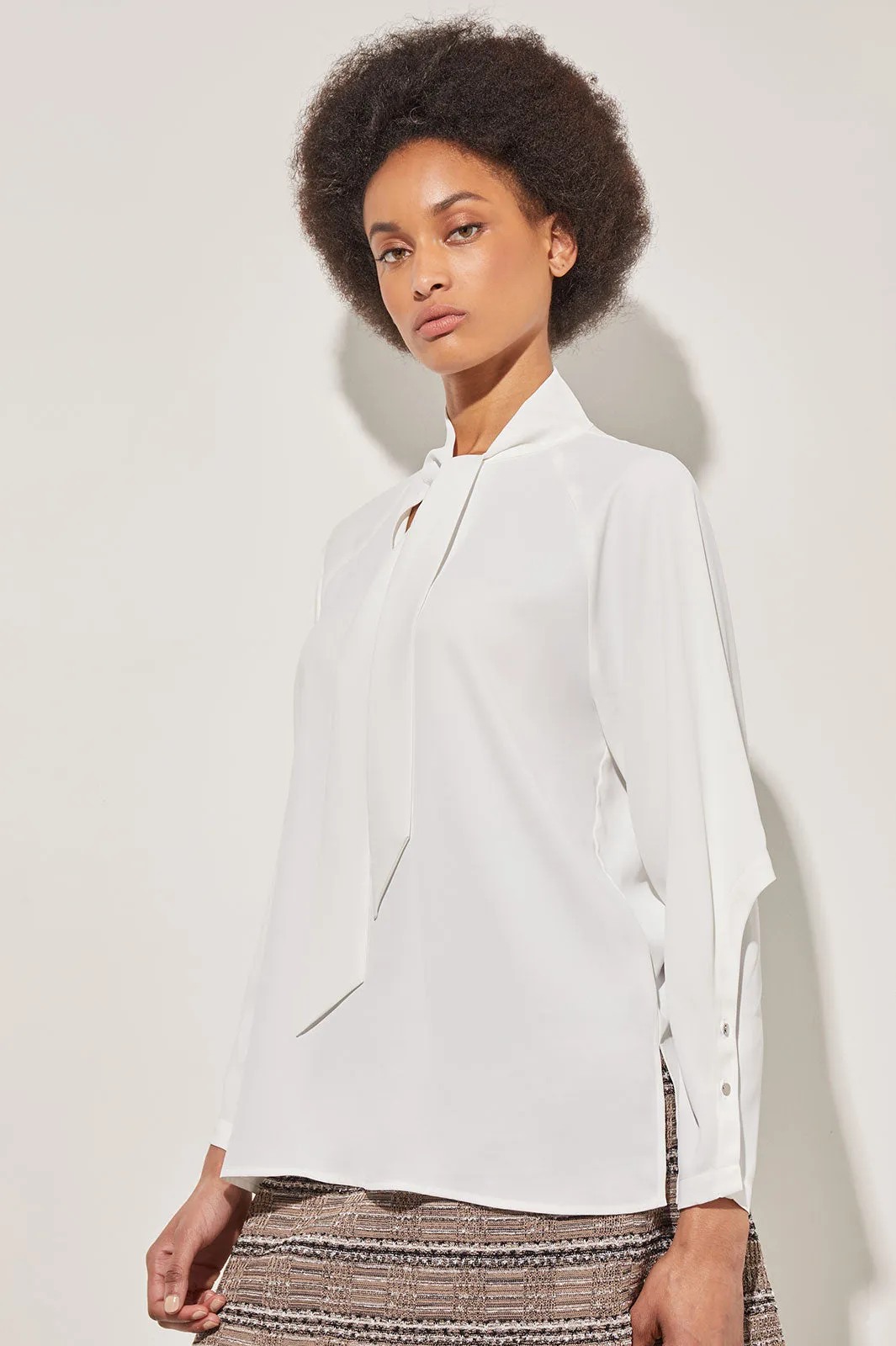 Plus Size Tie V-Neck Blouse - Raglan Sleeve Crepe de Chine