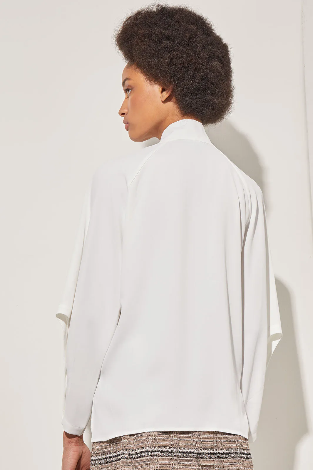 Plus Size Tie V-Neck Blouse - Raglan Sleeve Crepe de Chine