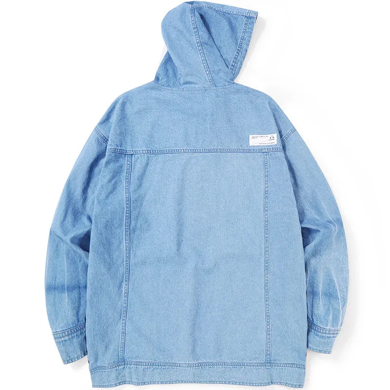 Safari Style Color Block Patchwork Denim Pocket Hoodies