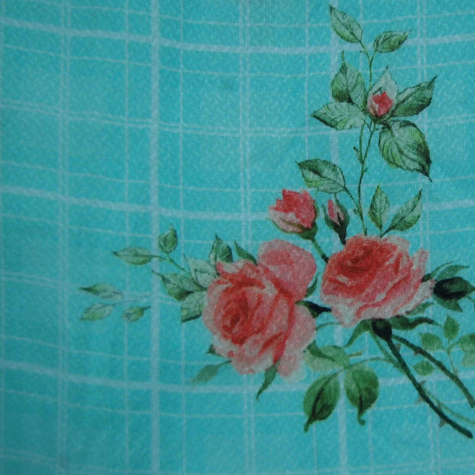 Sea Green Floral Check Viscose Dobby Fabric