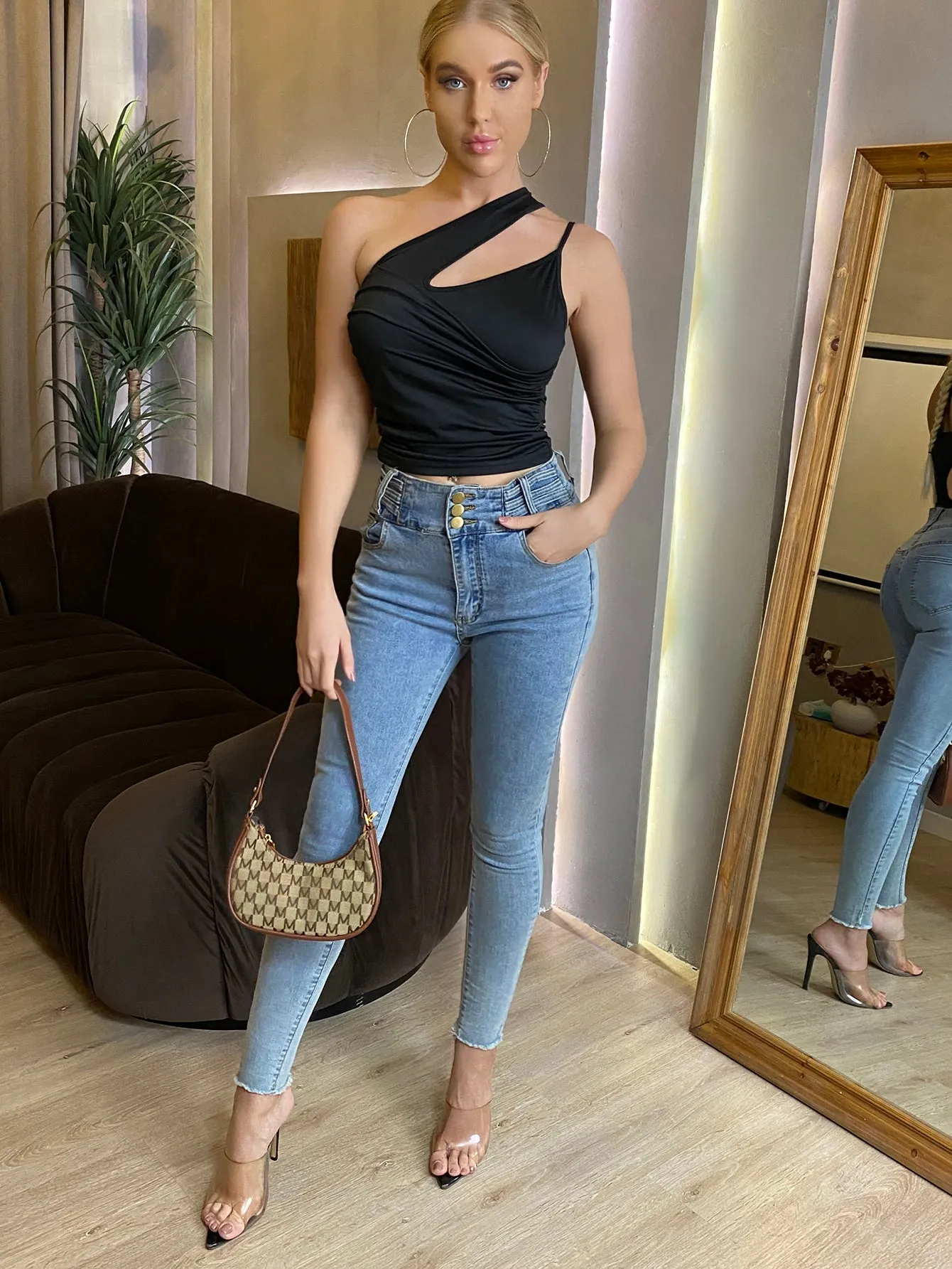 Sexy Plain Cut Out Sleeveless One Shoulder Crop Women Top
