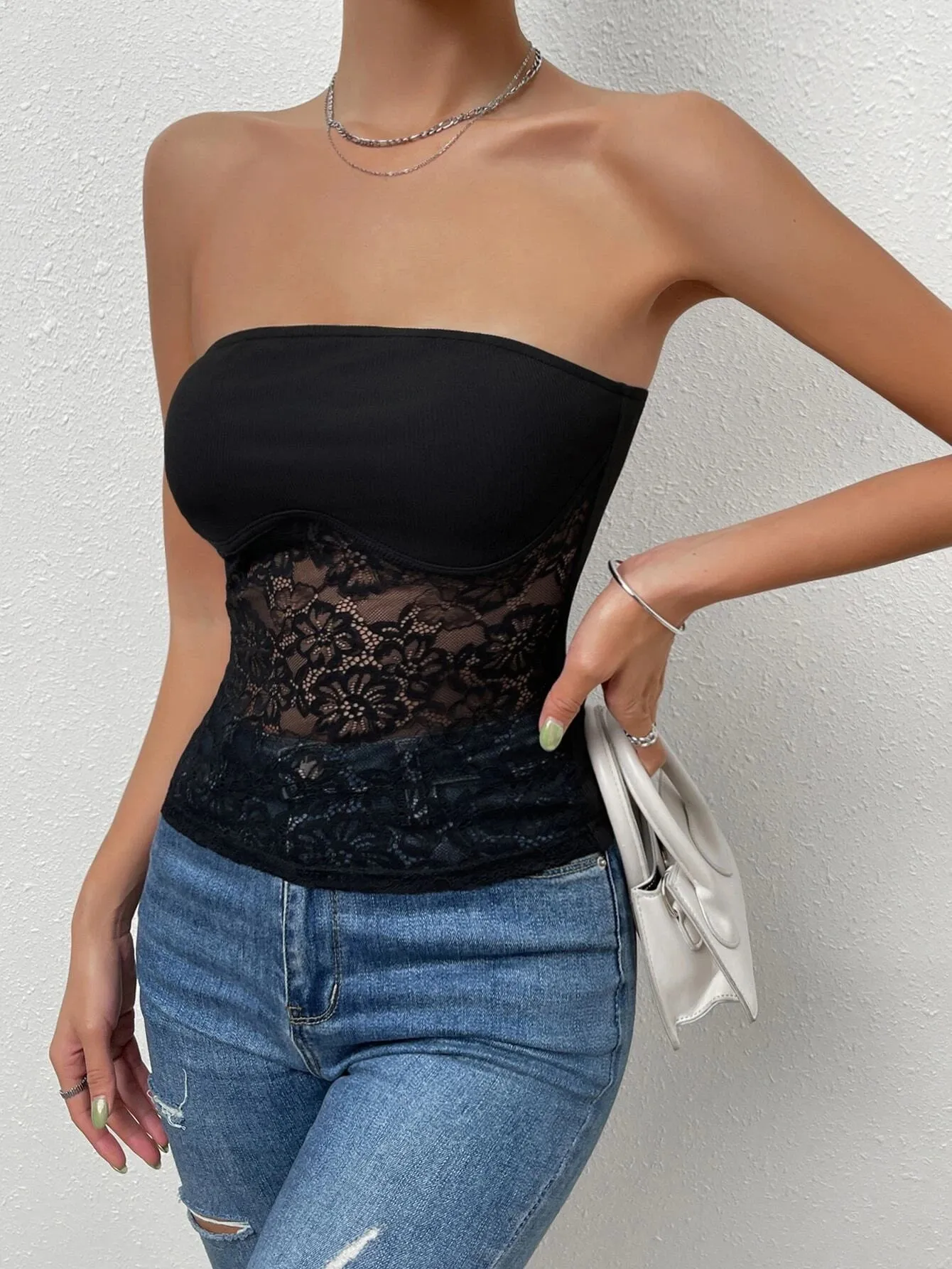 SHEIN Contrast Lace Tube Top