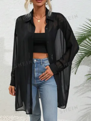 SHEIN LUNE Solid Button Front Drop Shoulder Shirt Without Bra