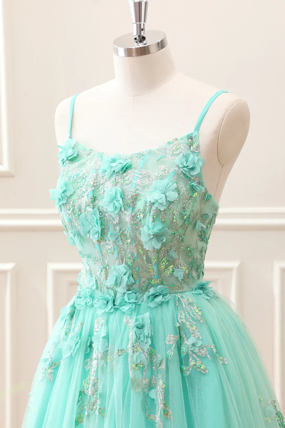 Sparkly Green A Line Corset Tulle Appliques Mini Dress