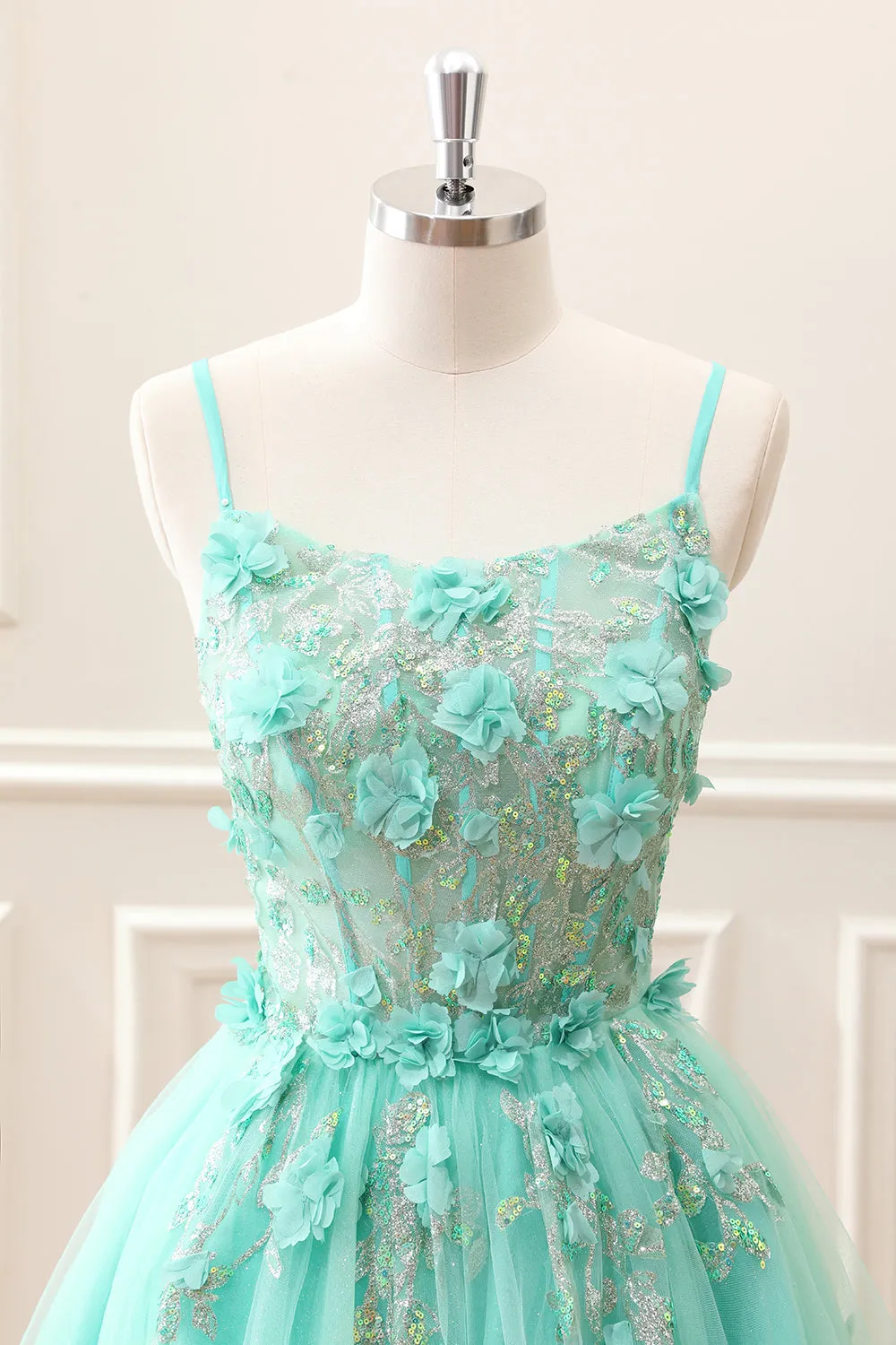 Sparkly Green A Line Corset Tulle Appliques Mini Dress