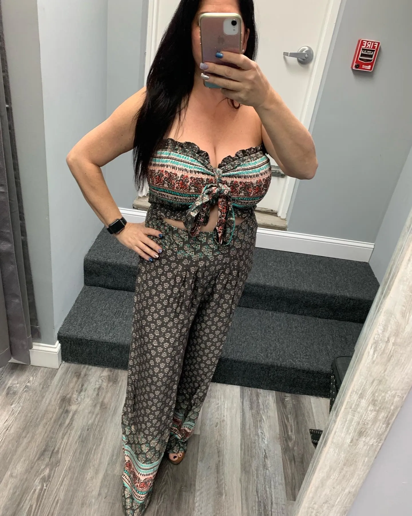 Waist Smoking Back Border Print Wide Pants - Chocolate Brown